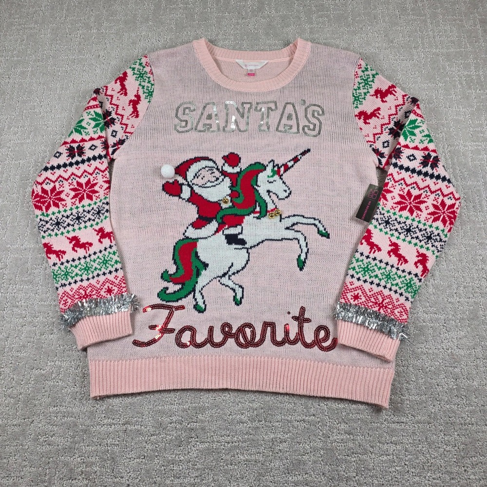 NEW No Boundaries Pink Holiday Sweater Santa Unicorn Sequins Tinsel Juniors XL
